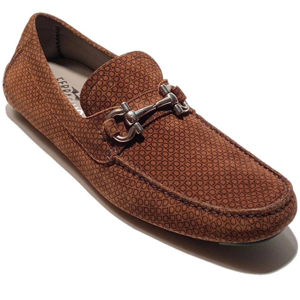Salvatore Ferragamo Men’s Gancini Bit Brown Suede Leather Dress Drivers, Size 10